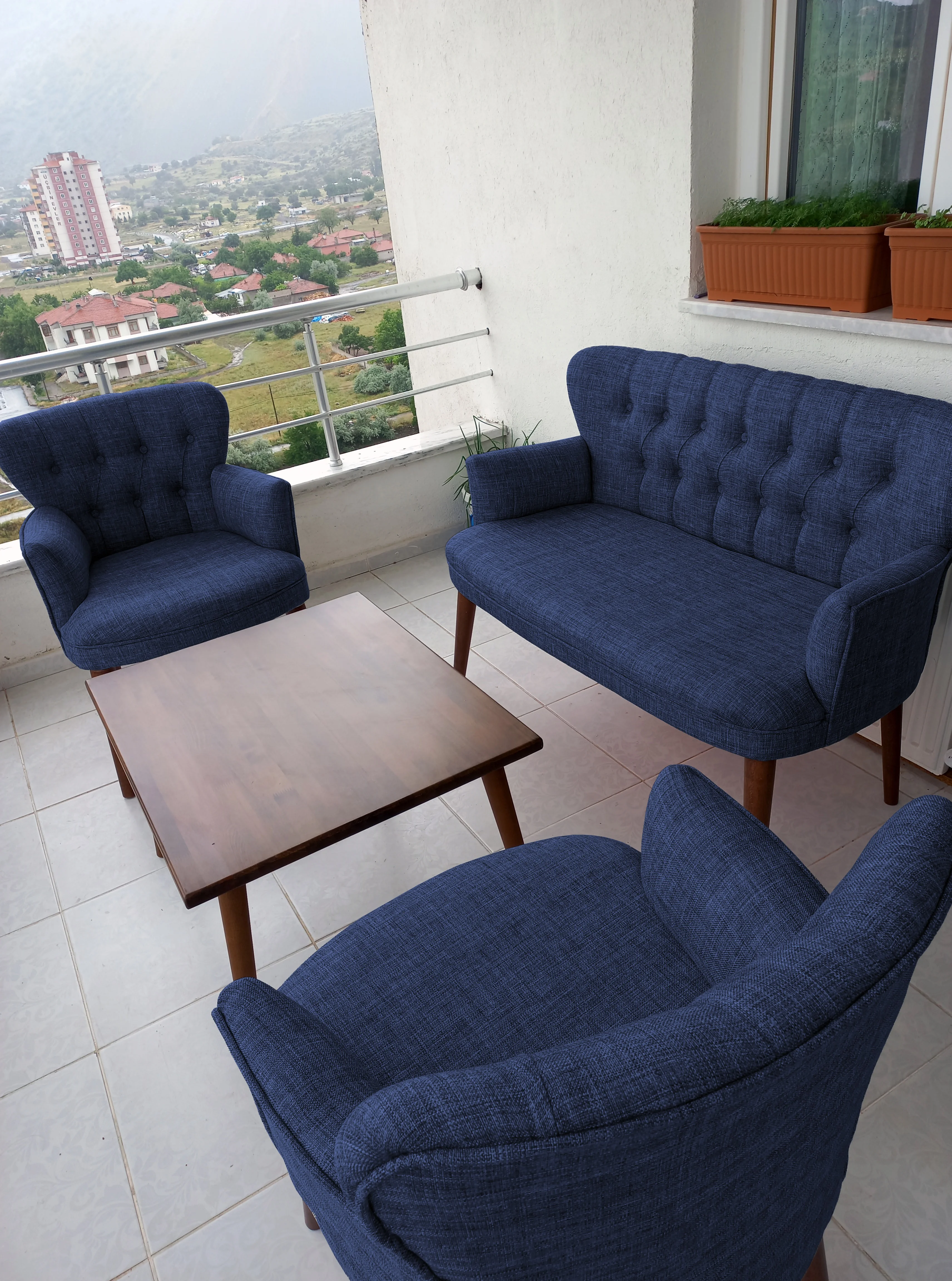 Çay Seti Koltuk Takımı - Keten Kumaş - Modern 2+1+1 - Mavi