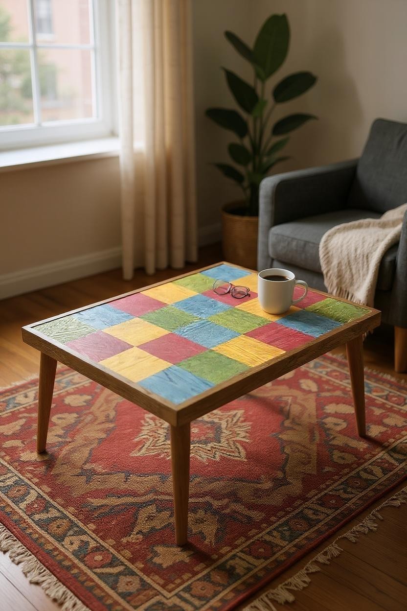 Azra Mobilya Çok Renkli Modern Ahşap Orta Sehpa – Patchwork Desenli Retro Tasarım