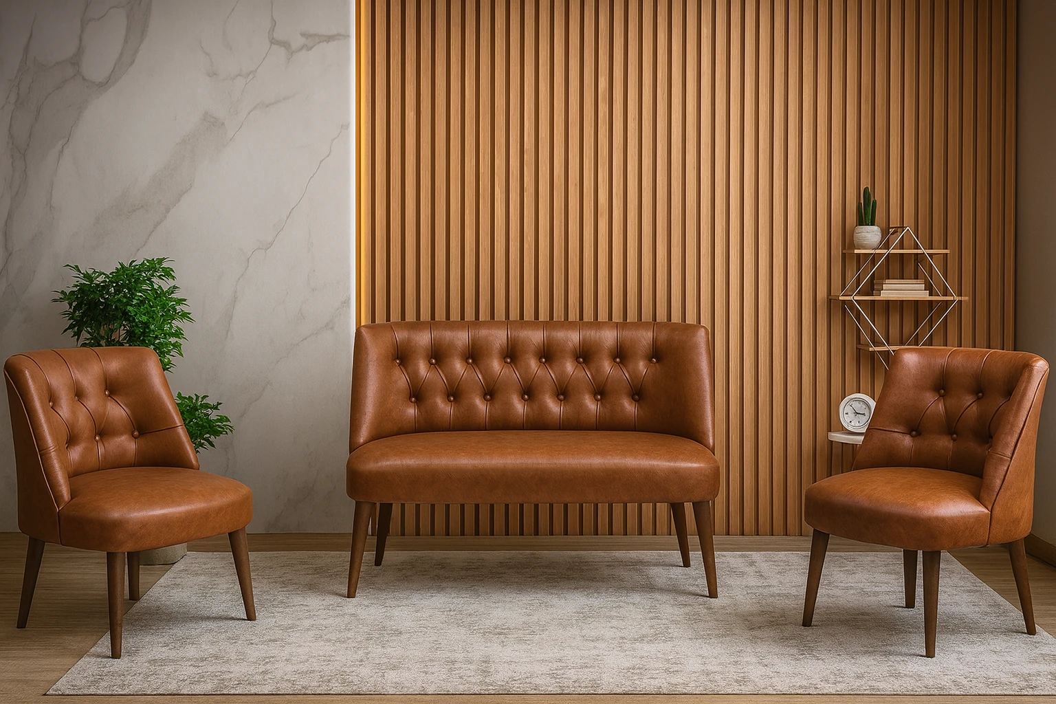 Milano Çay Seti Koltuk Takımı - Ofis Takımı - Deri Kumaş - 2+1+1 - Taba