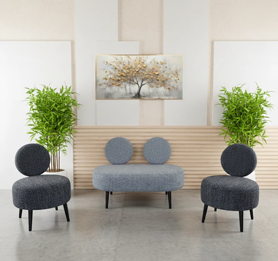 Dünya Model Buklet Kumaş 2+1+1 Koltuk Takımı – Modern Tasarım, Ahşap Ayaklı - Gri Siyah