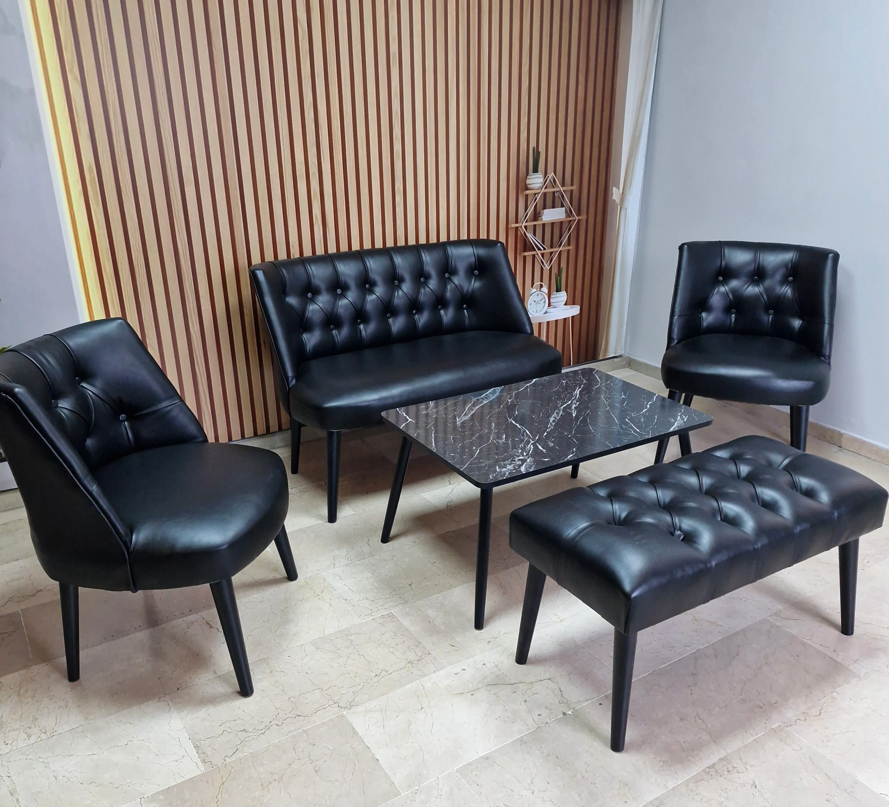 Milano Çay Seti Koltuk Takımı - Ofis Takımı - Deri Kumaş - 2+1+1+Bench+Sehpa | Siyah