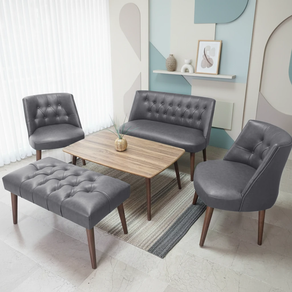 Milano Çay Seti Koltuk Takımı - Ofis Takımı - Deri Kumaş - 2+1+1+Bench+Sehpa | Gri