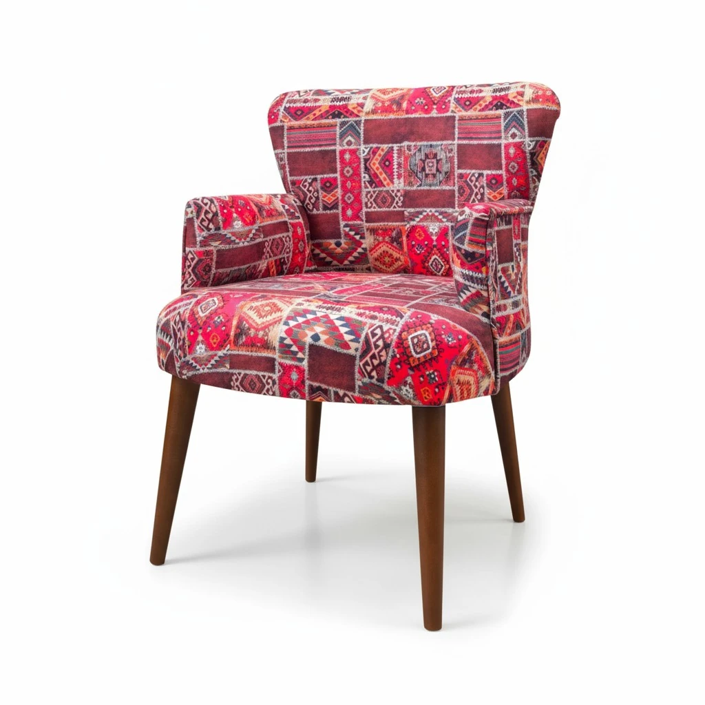 Roma Modern Tekli Koltuk Berjer - Dijital Baskılı Kumaş - Ahşap Ayak - Kilim Desen