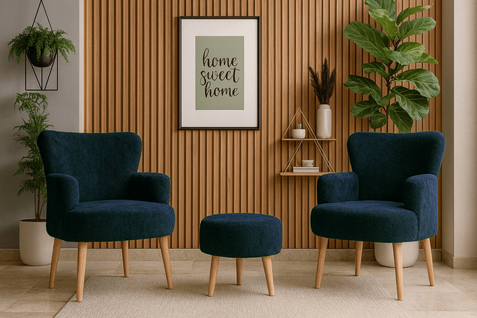 Roma Modern Koltuk Berjer Seti| Welsoft Yumuşak Dokulu Kumaş | 2 Berjer + 1 Puf | Lacivert