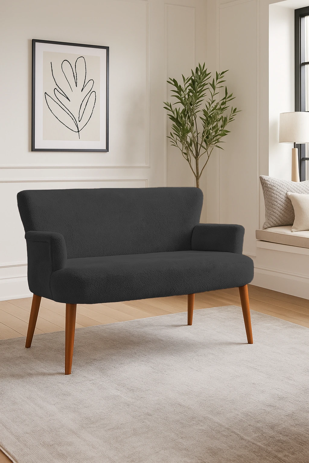 Roma Modern İkili Koltuk - Welsoft Yumuşak Kumaş - Ahşap Ayak - Antrasit
