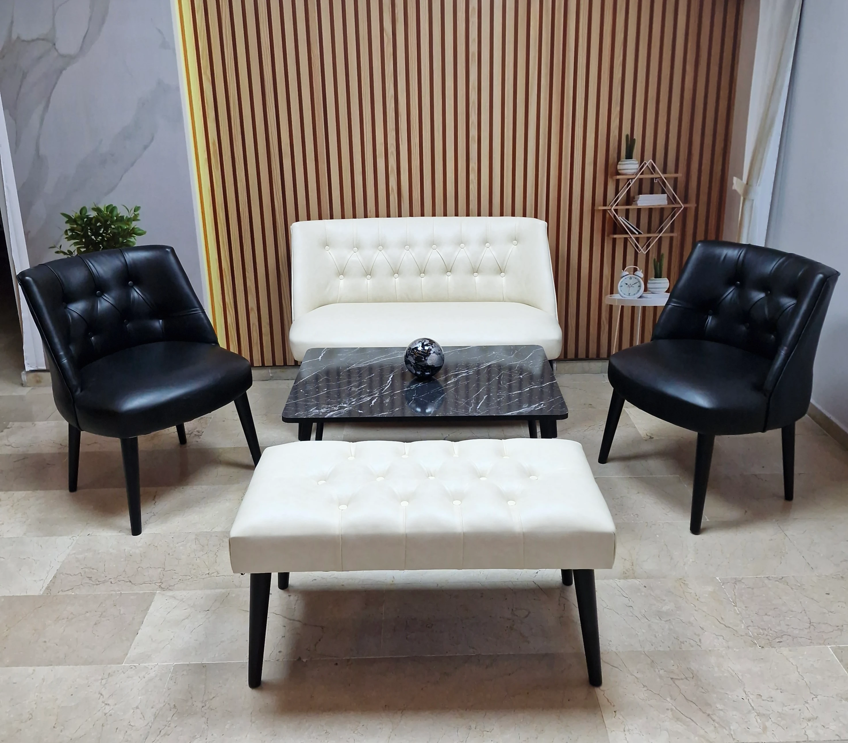 Milano Çay Seti Koltuk Takımı - Ofis Takımı - Deri Kumaş - 2+1+1+Bench+Sehpa | Krem Siyah