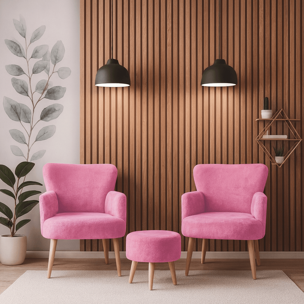 Roma Modern Koltuk Berjer Seti| Welsoft Yumuşak Dokulu Kumaş | 2 Berjer + 1 Puf | Pembe