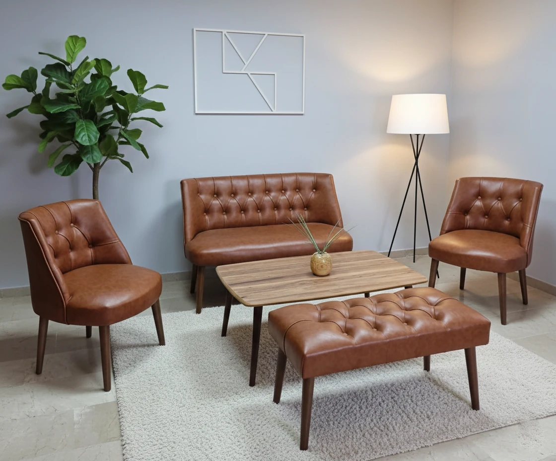 Milano Çay Seti Koltuk Takımı - Ofis Takımı - Deri Kumaş - 2+1+1+Bench+Sehpa | Taba