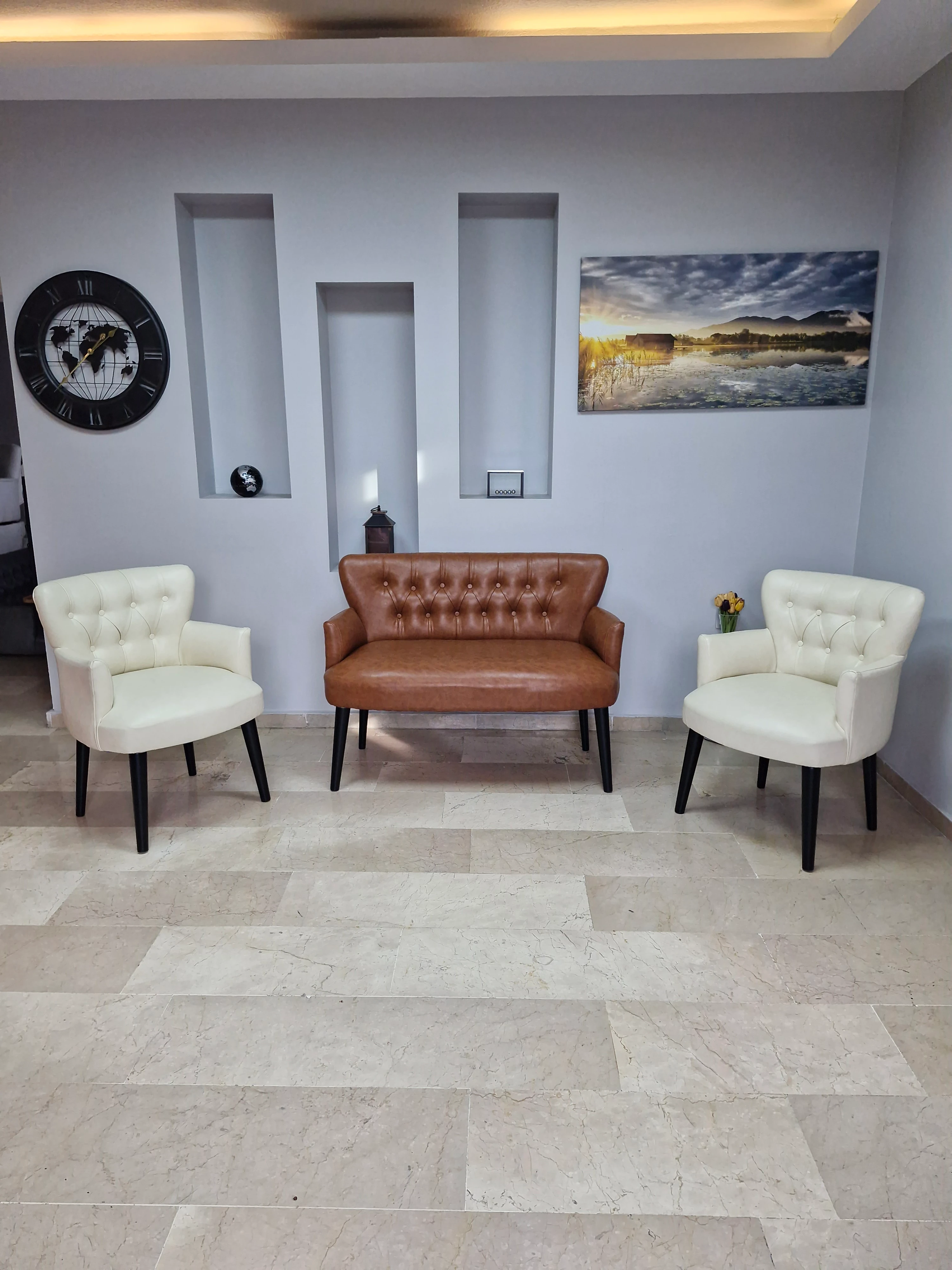 Çay Seti Koltuk Takımı - Deri Kumaş - Modern Chester Tarz - 2 Krem 1 Taba