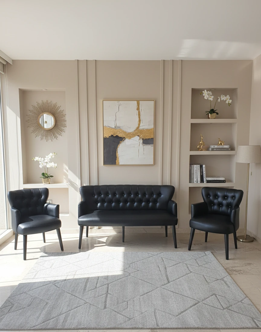 Modern Chester Tarzı 3’lü Çay Seti Koltuk Takımı 3+1+1 – Deri, Ahşap Ayaklı - Siyah