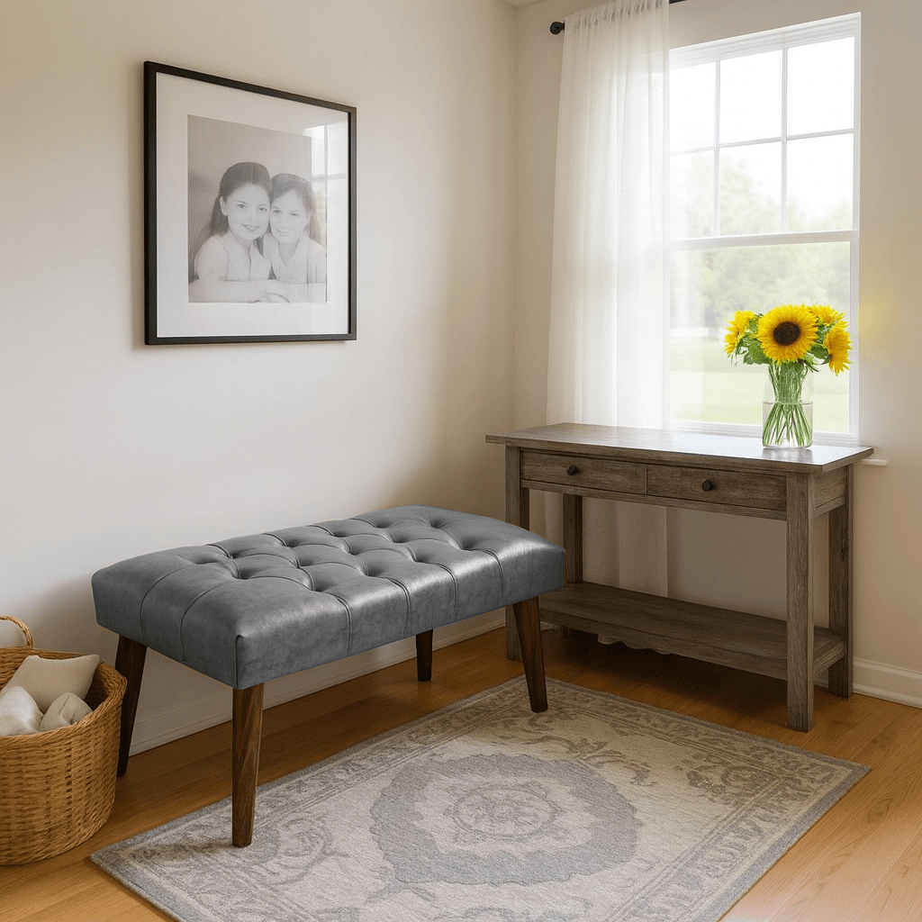 Azra Mobilya Deri Kapitone Bank | 90x45 cm Modern Bench Oturma Pufu - Gri