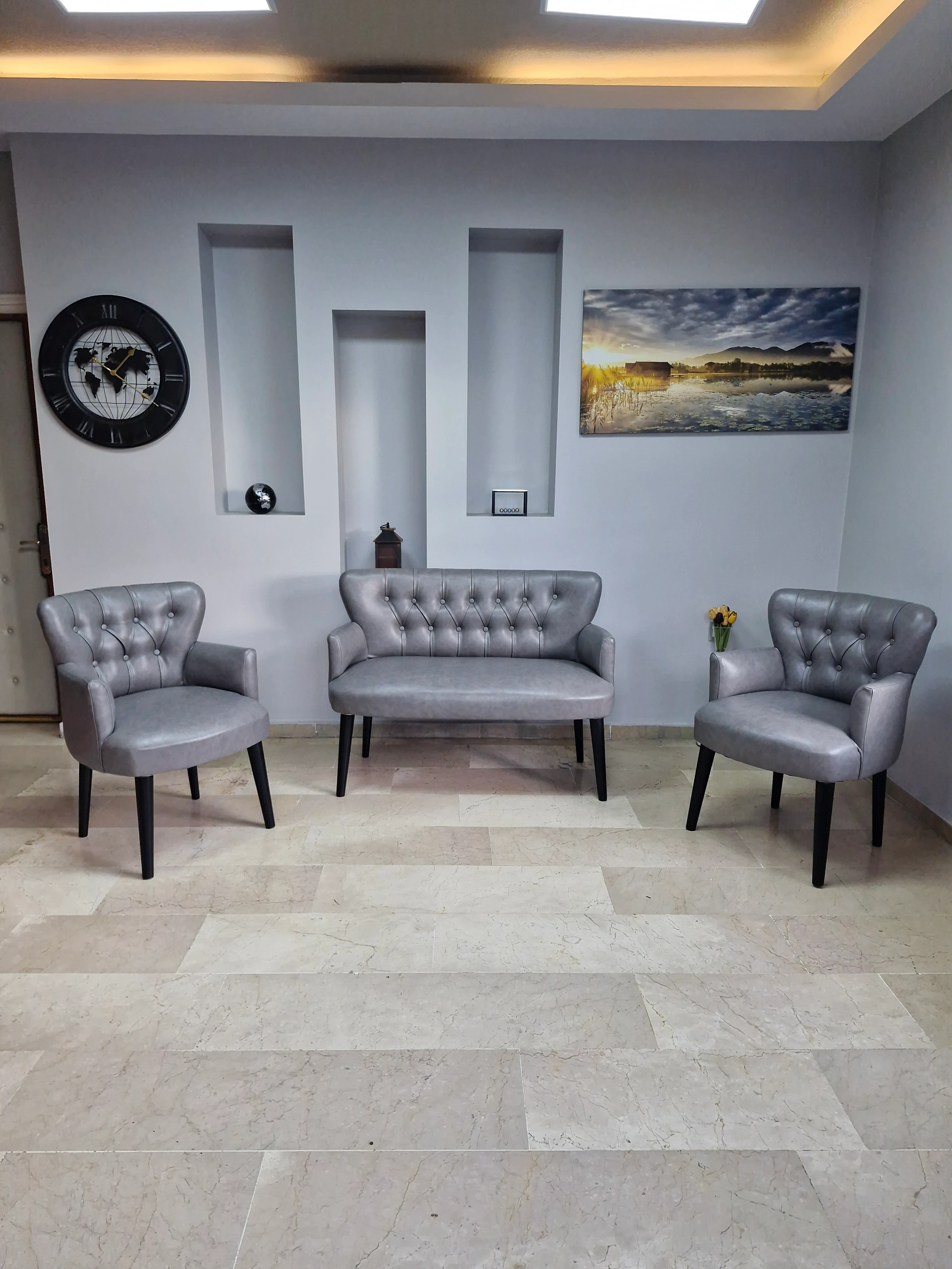 Çay Seti Koltuk Takımı - Deri Kumaş - Modern Chester Tarz - Gri