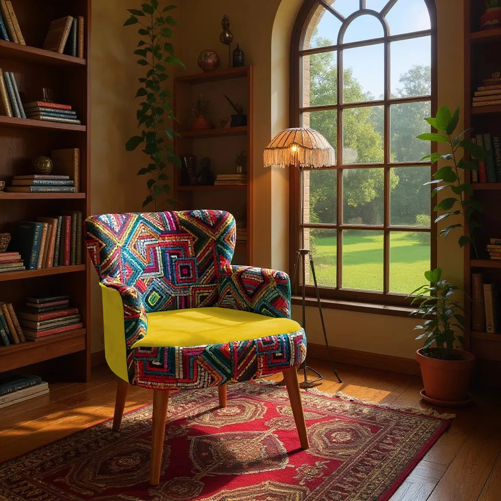 Roma Renkli Desen Modern Tasarım Dijital Baskılı Babyface Kumaş Berjer  Koltuk - Sarı