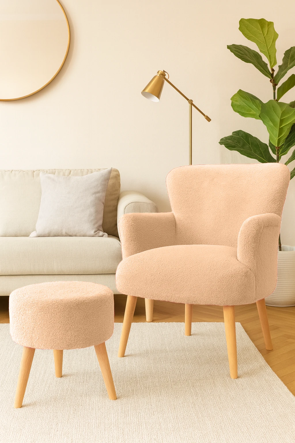 Roma Berjer + Puf Set - Welsoft Yumuşak Kumaş - Ahşap Ayak - Vizon