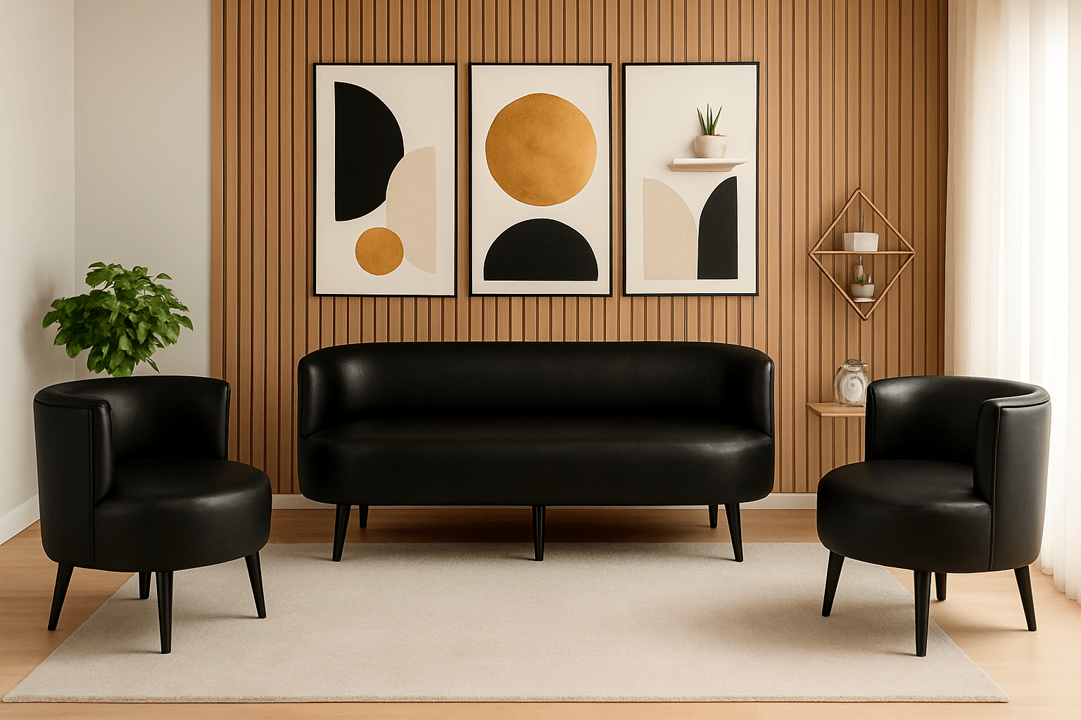Sydney Modern Koltuk Takımı 3+1+1 | Deri Kumaş | Ahşap Ayak | Ofis ve Ev Kullanımı | Siyah