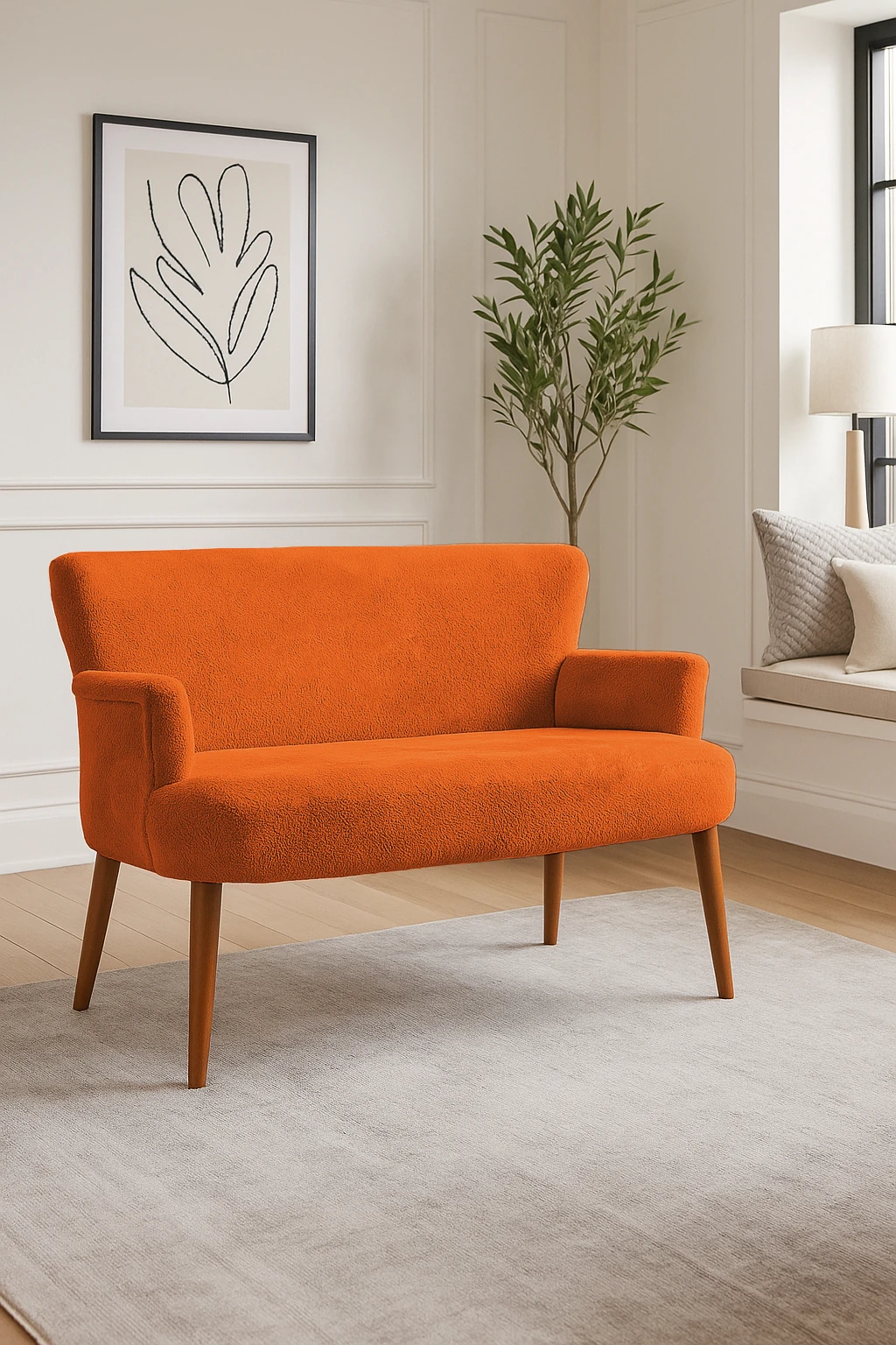 Roma Modern İkili Koltuk - Welsoft Yumuşak Kumaş - Ahşap Ayak - Turuncu