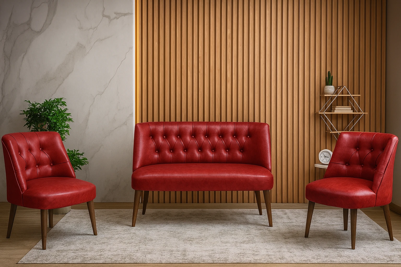 Milano Çay Seti Koltuk Takımı - Ofis Takımı - Deri Kumaş - 2+1+1 - Kırmızı