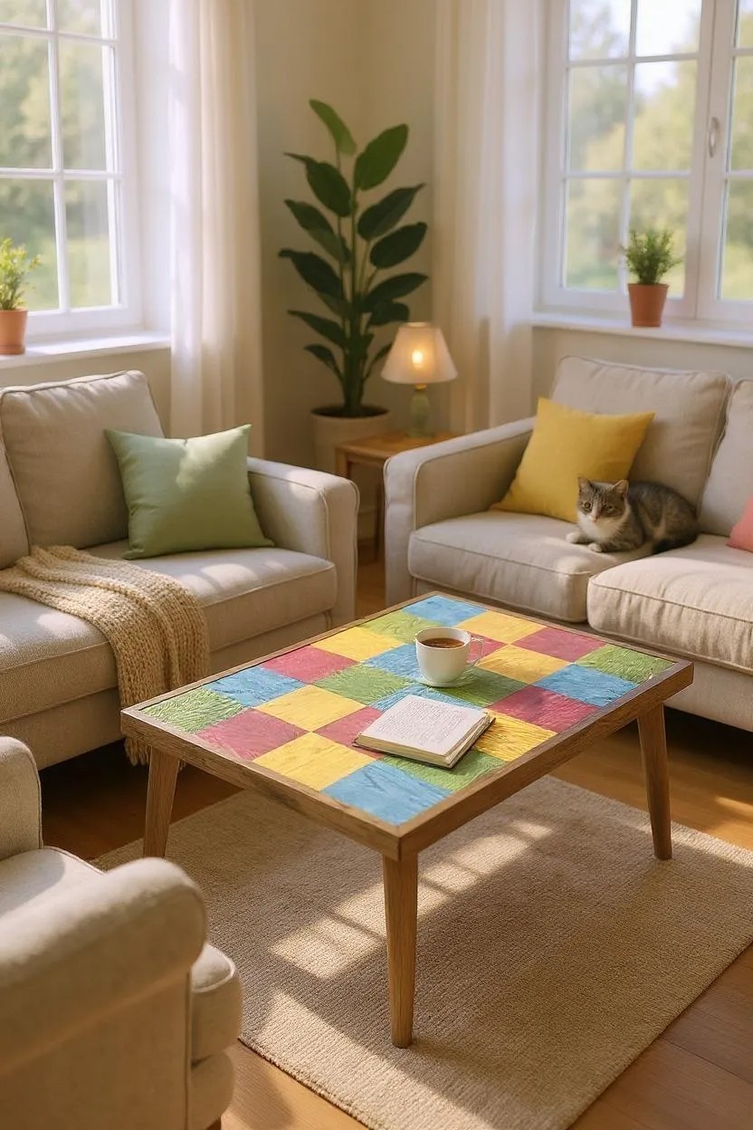 Azra Mobilya Çok Renkli Modern Ahşap Orta Sehpa – Patchwork Desenli Retro Tasarım