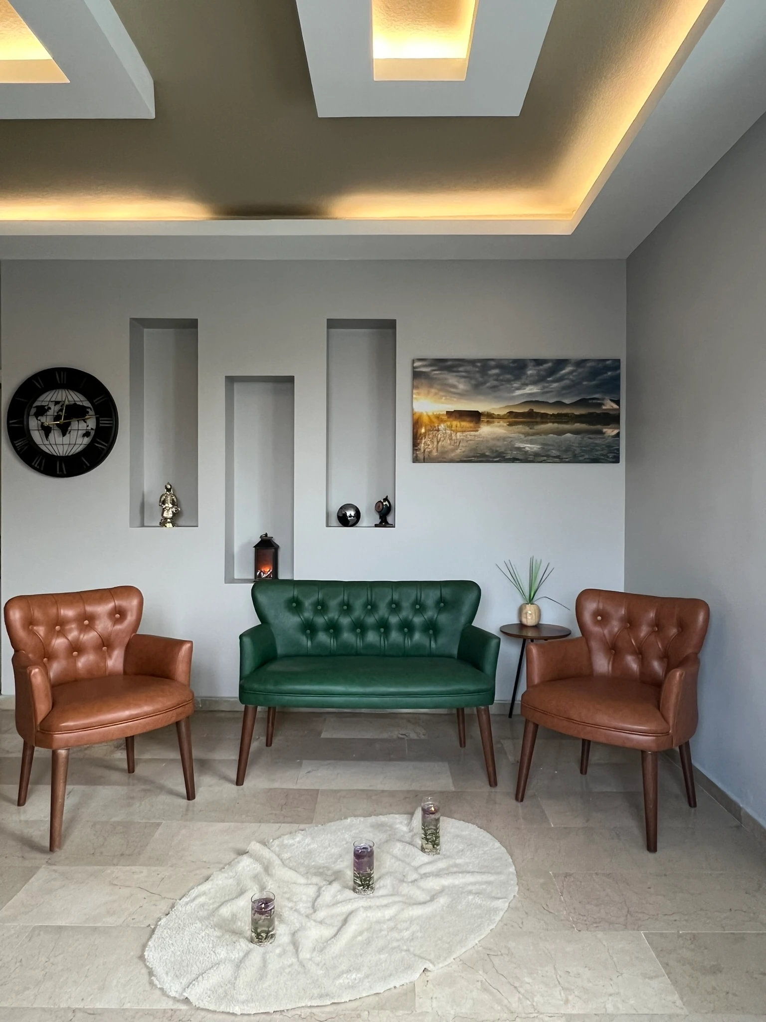 Çay Seti Koltuk Takımı - Deri Kumaş - Modern Chester Tarz - 2 Taba 1 Yeşil