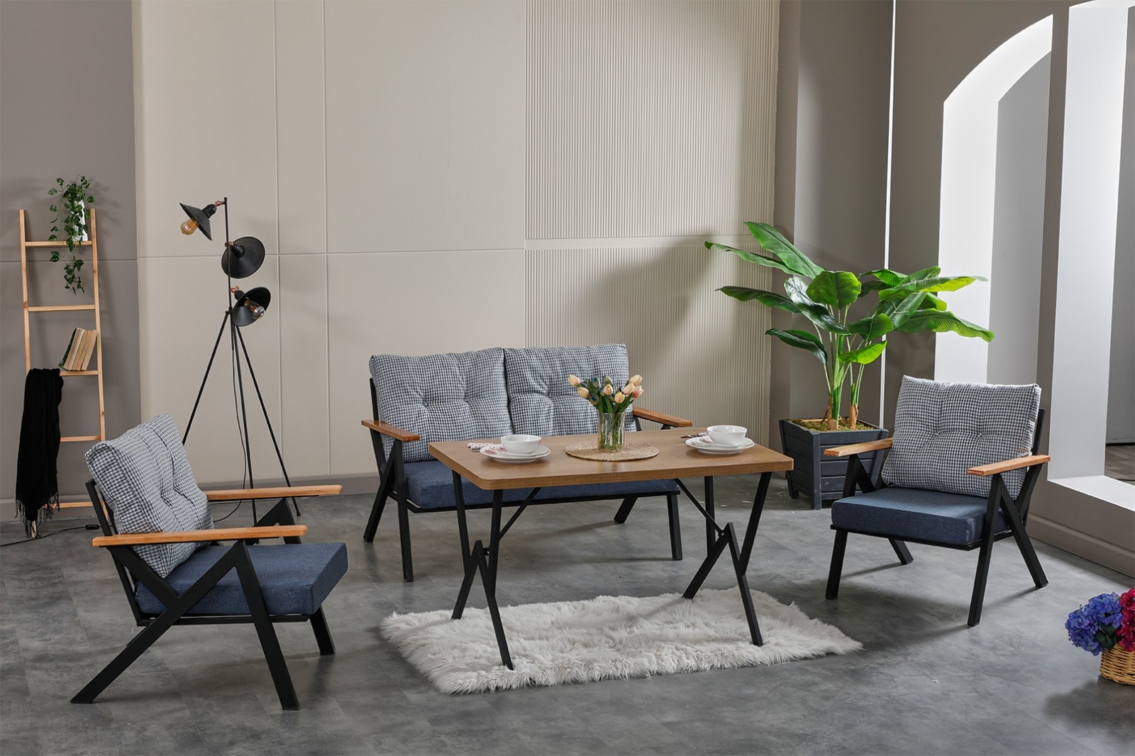 Venedik Ahşap Kollu Modern Bahçe Balkon Salon Oturma Grubu Takımı - Mavi Gri