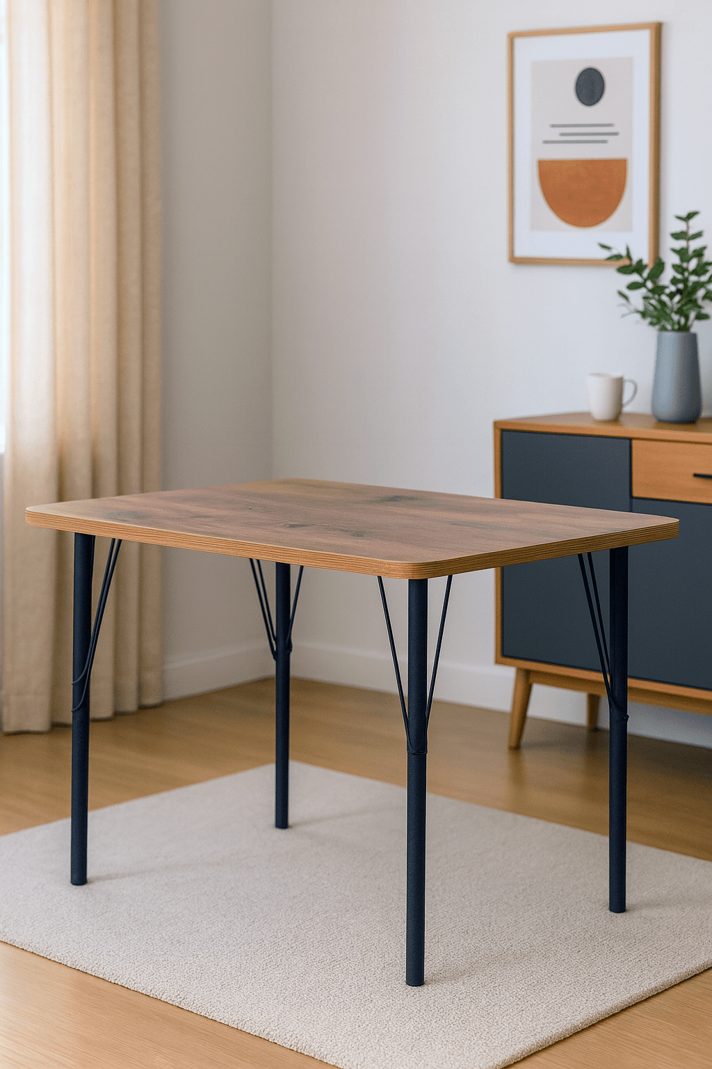 Ceviz Modern Tasarımlı 90x60 cm Kompakt Masa – Siyah Ayaklı, Ahşap Desenli Tabla