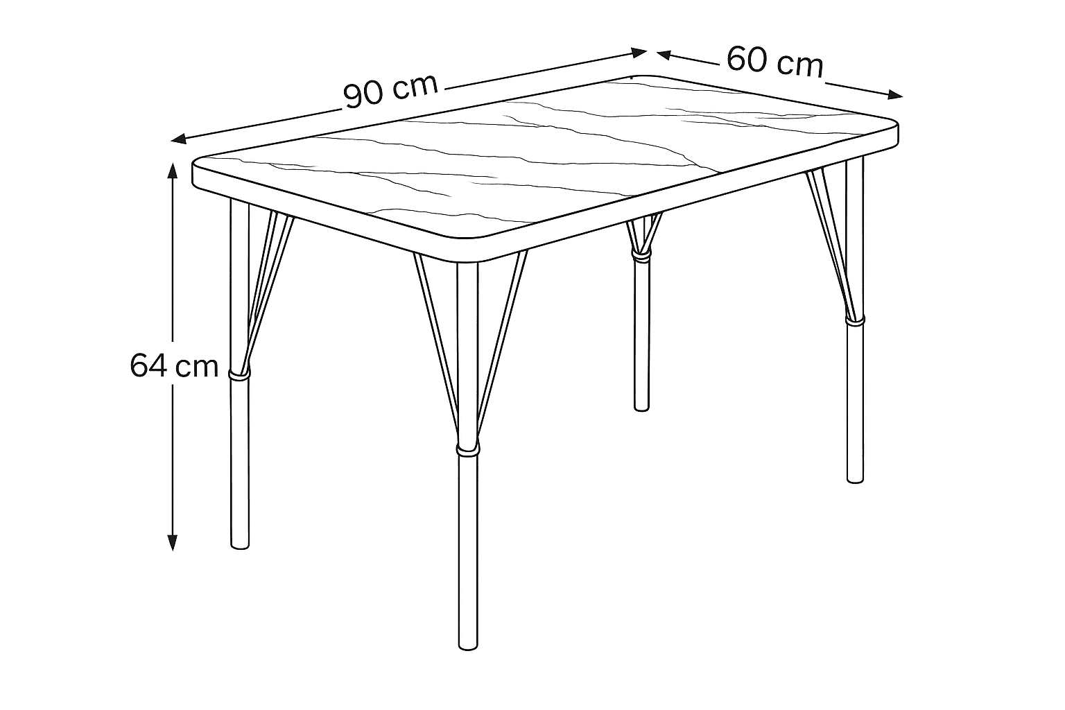 Ceviz Modern Tasarımlı 90x60 cm Kompakt Masa – Siyah Ayaklı, Ahşap Desenli Tabla
