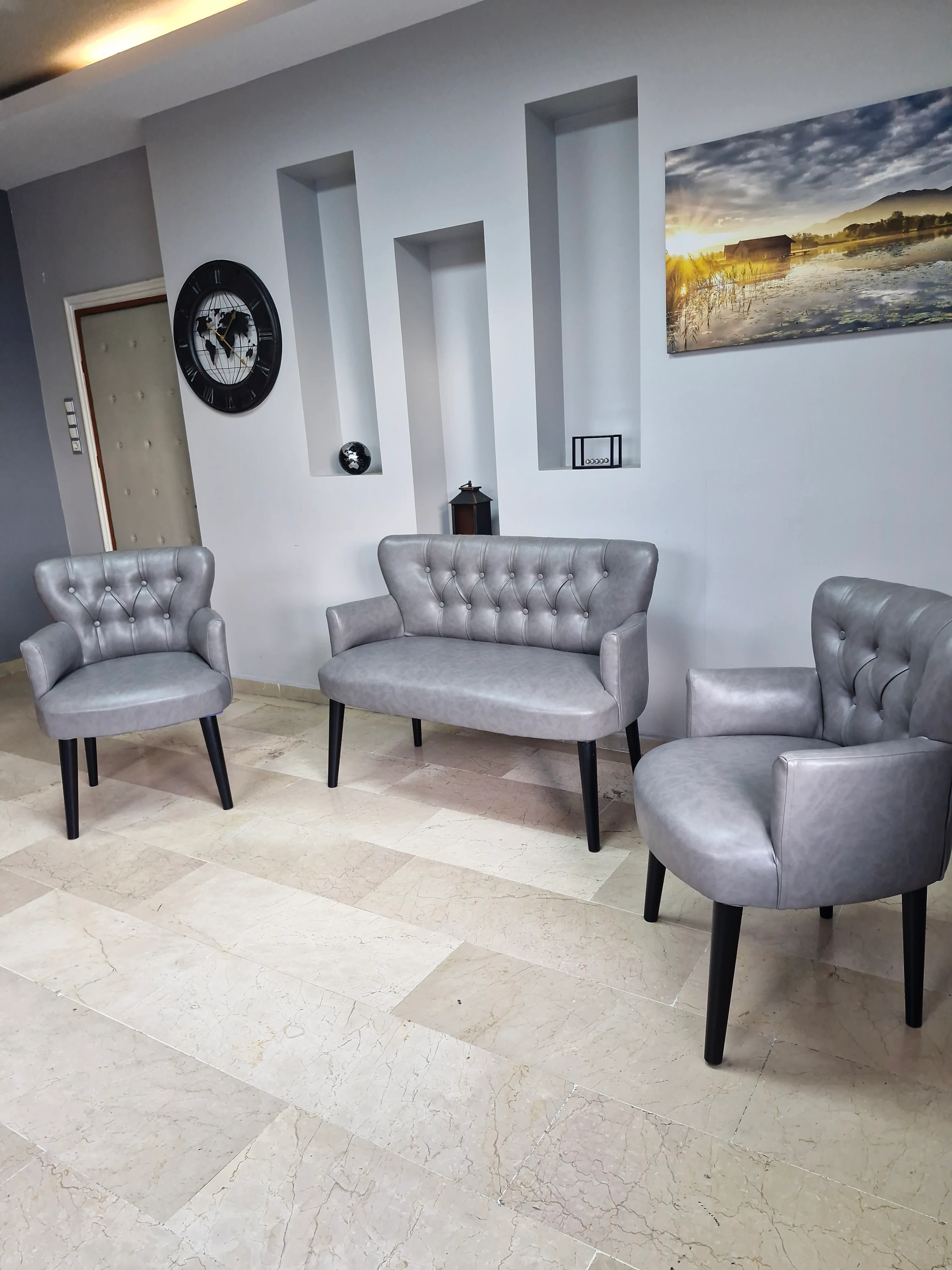 Çay Seti Koltuk Takımı - Deri Kumaş - Modern Chester Tarz - Gri