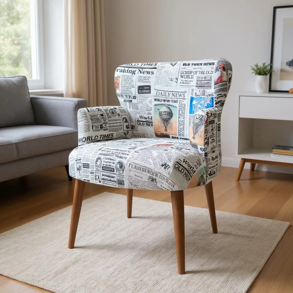 Roma Modern Tekli Koltuk Berjer - Dijital Baskılı Kumaş - Ahşap Ayak - Gazete Desen