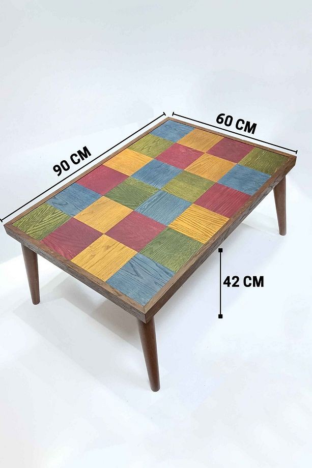 Azra Mobilya Çok Renkli Modern Ahşap Orta Sehpa – Patchwork Desenli Retro Tasarım