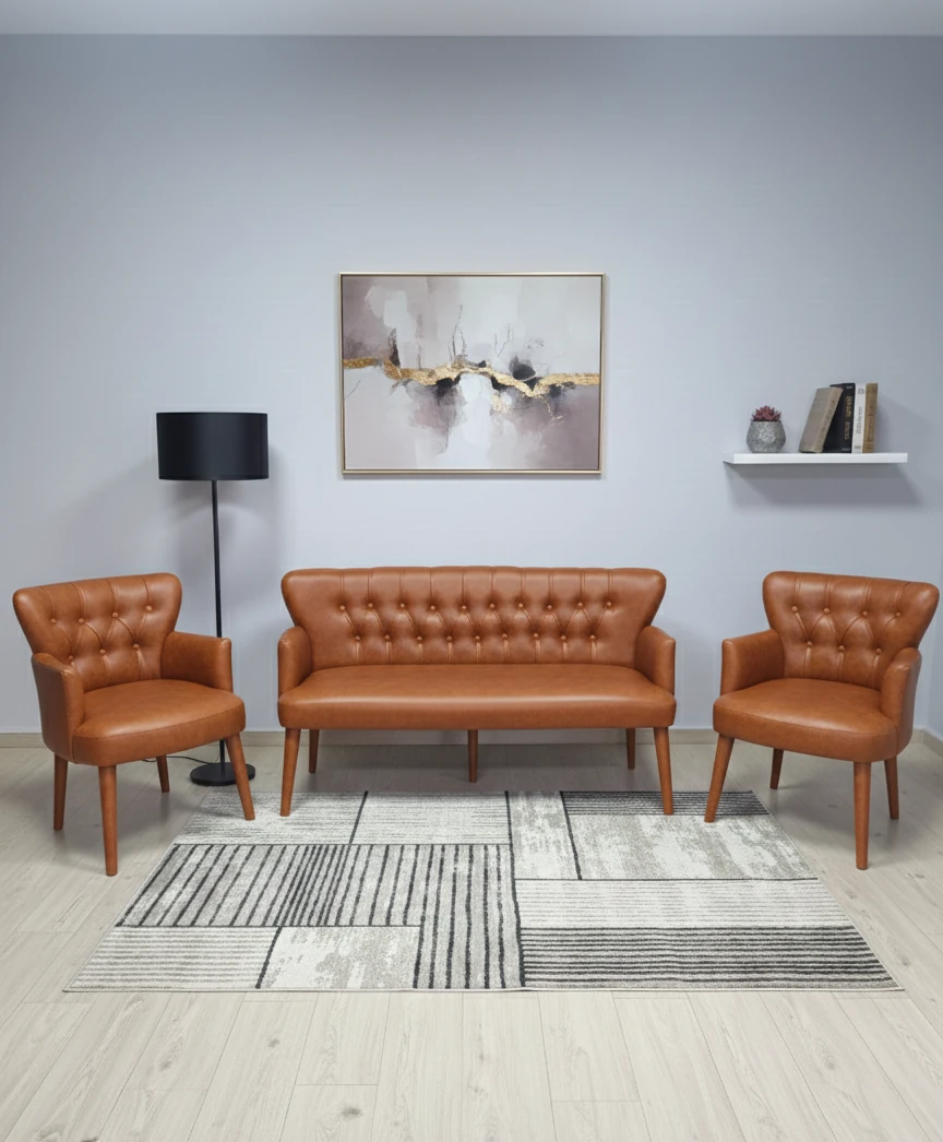 Modern Chester Tarzı 3’lü Çay Seti Koltuk Takımı 3+1+1 – Deri, Ahşap Ayaklı - Taba