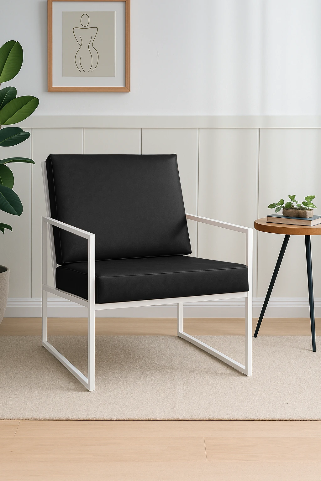 İskandinav Tarzı Metal Ayaklı Deri Tekli Koltuk Beyaz İskelet – Siyah