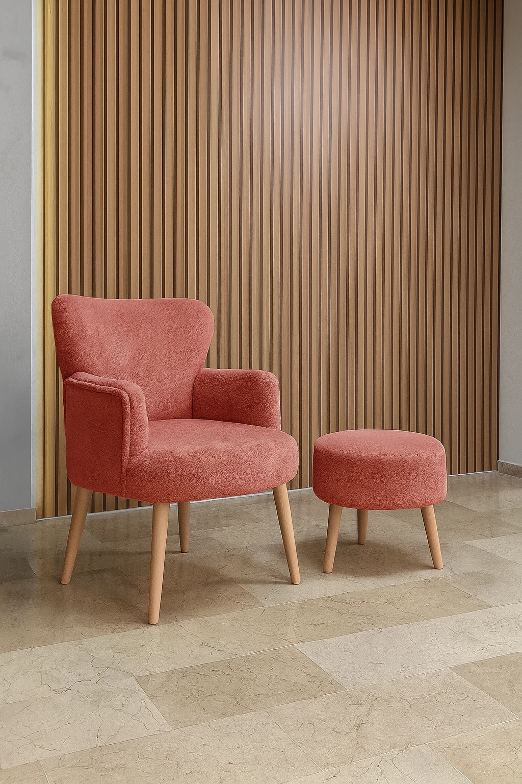 Roma Berjer + Puf Set - Welsoft Yumuşak Kumaş - Ahşap Ayak - Somon