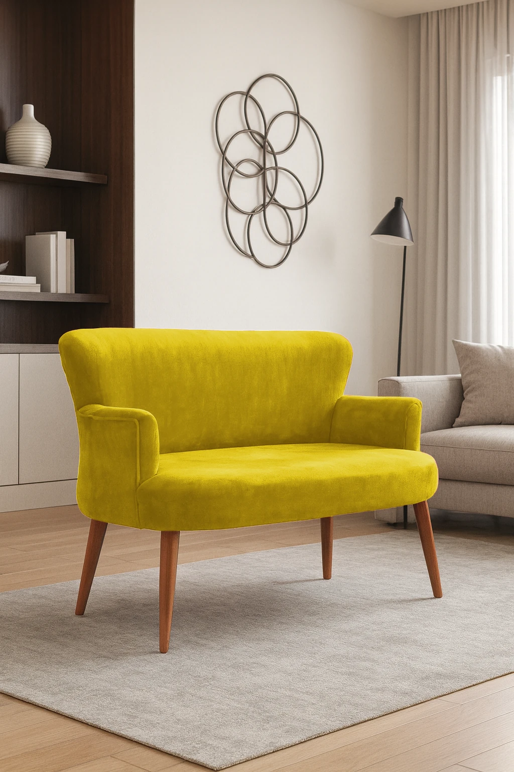 Roma Modern İkili Koltuk - Babyface Kumaş - Ahşap Ayak - Düğmesiz - Sarı