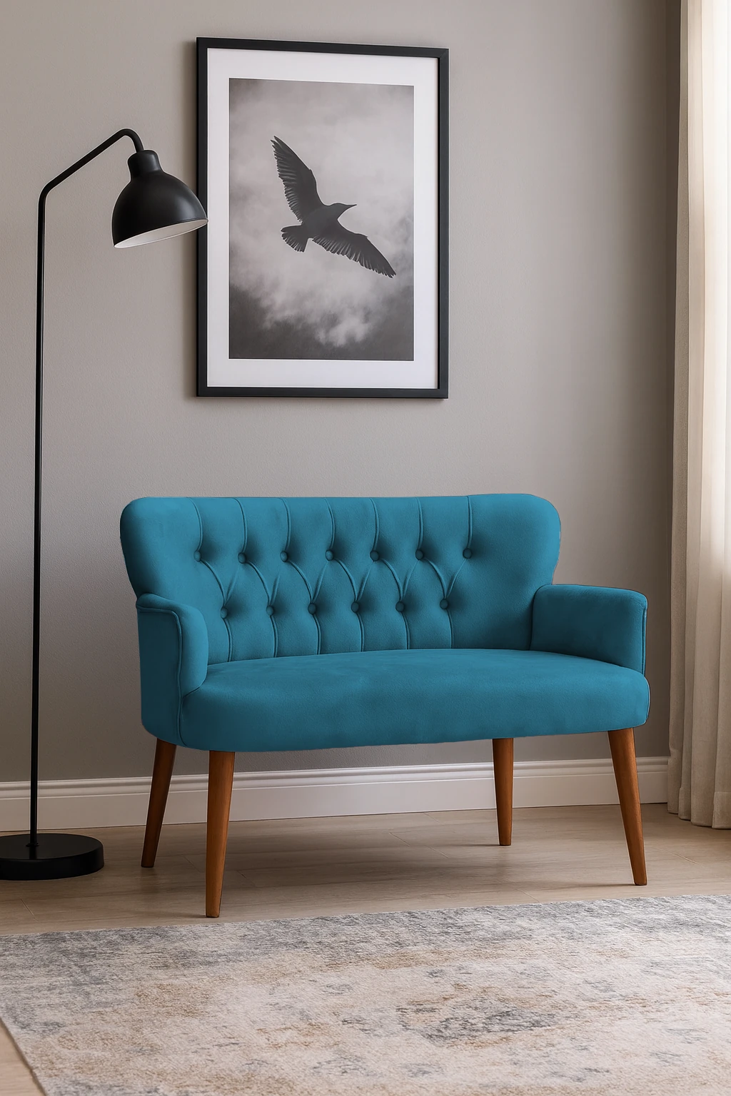 Roma Modern İkili Koltuk - Babyface Kumaş - Ahşap Ayak - Petrol