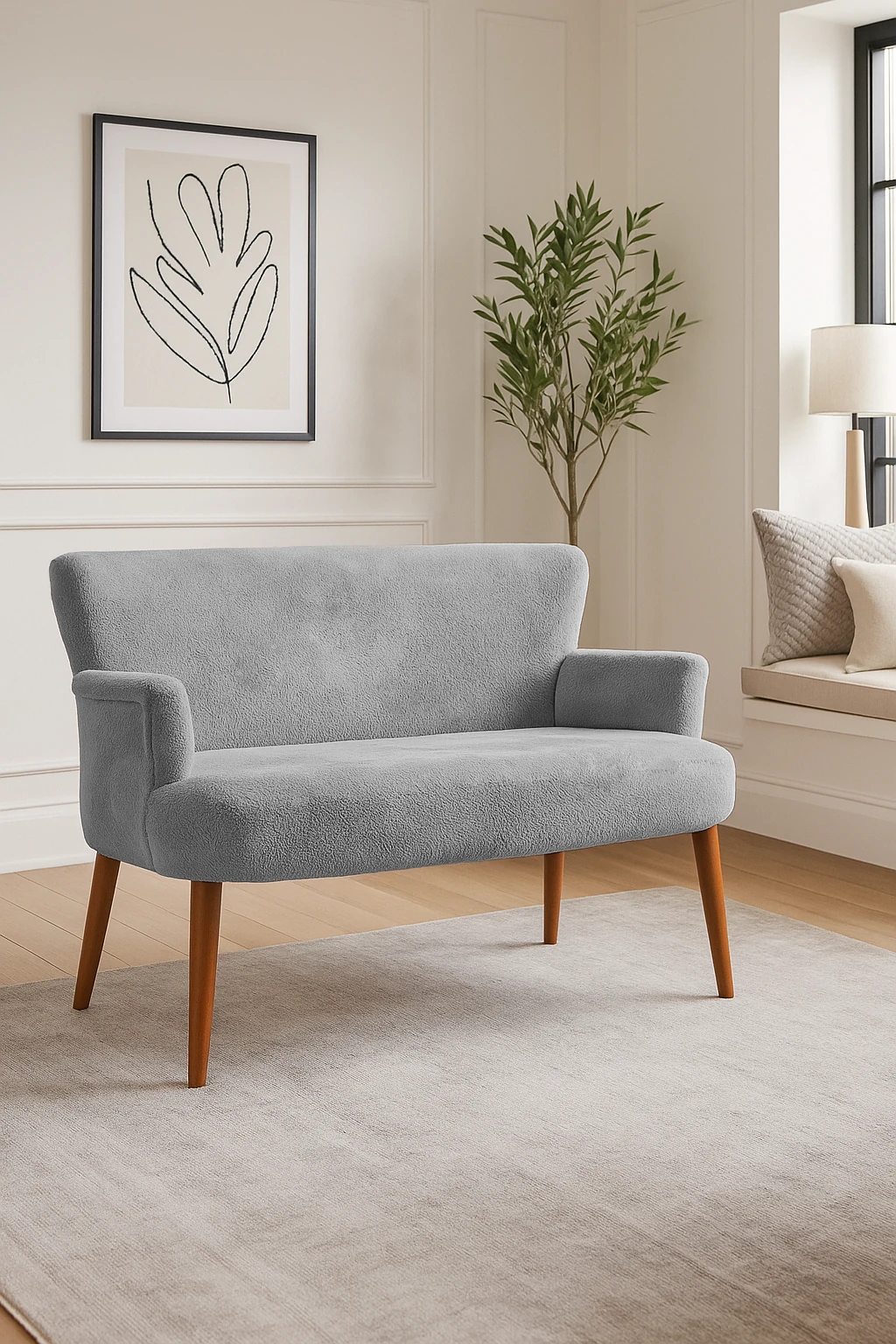 Roma Modern İkili Koltuk - Welsoft Yumuşak Kumaş - Ahşap Ayak - Açık Gri