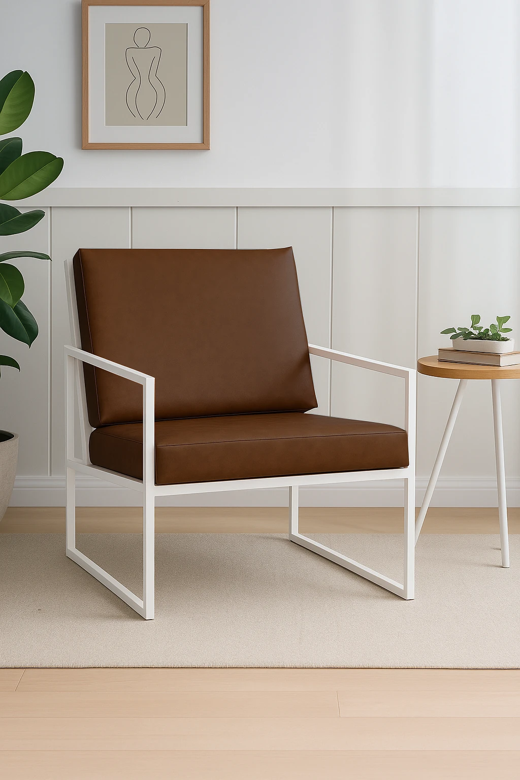İskandinav Tarzı Metal Ayaklı Deri Tekli Koltuk Beyaz İskelet – Acı Kahve