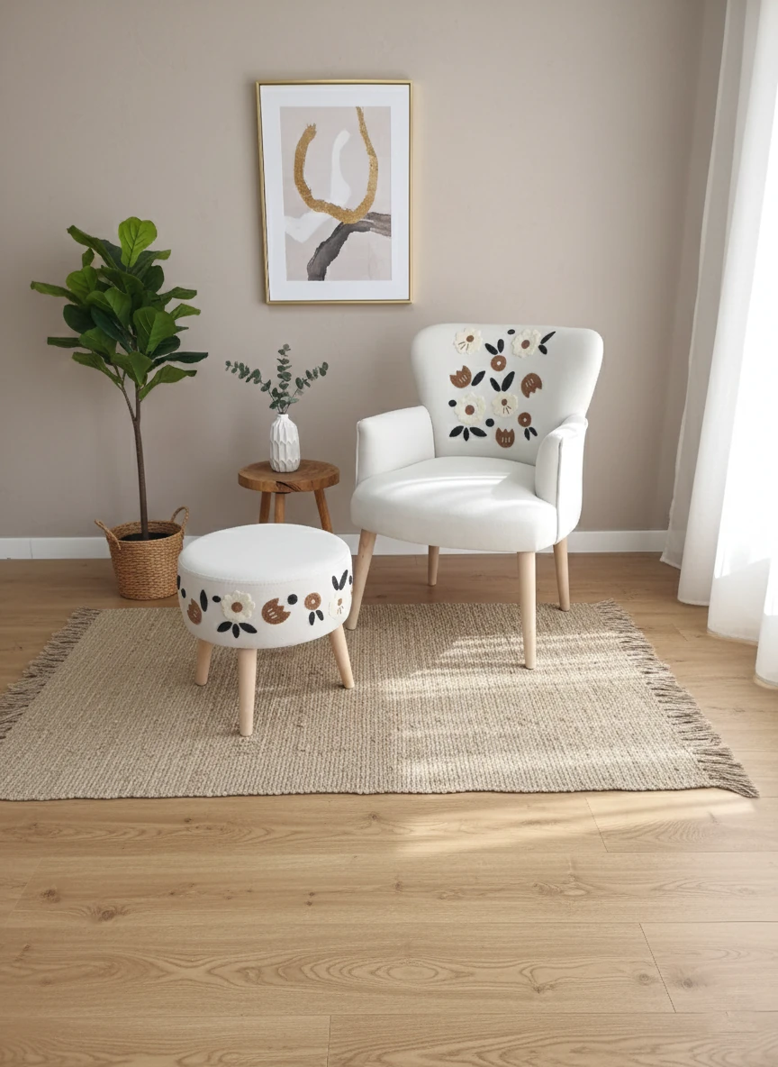 Punch İşlemeli 2li Set 1 Berjer + 1 Puf - Şönil Kumaş - Modern Balkon Takımı - Çiçek Desen