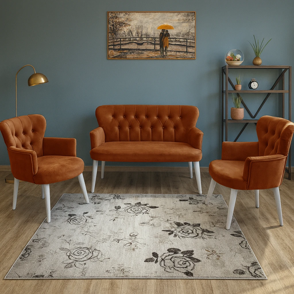 Çay Seti Koltuk Takımı - Babyface Kumaş - Modern Balkon Takımı - Bakır