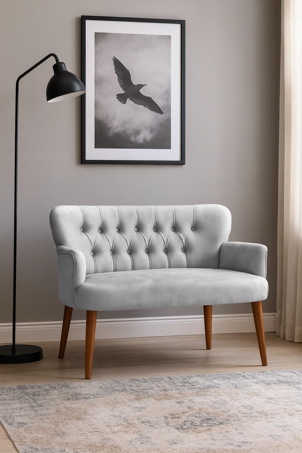 Roma Modern İkili Koltuk - Babyface Kumaş - Ahşap Ayak - Açık Gri