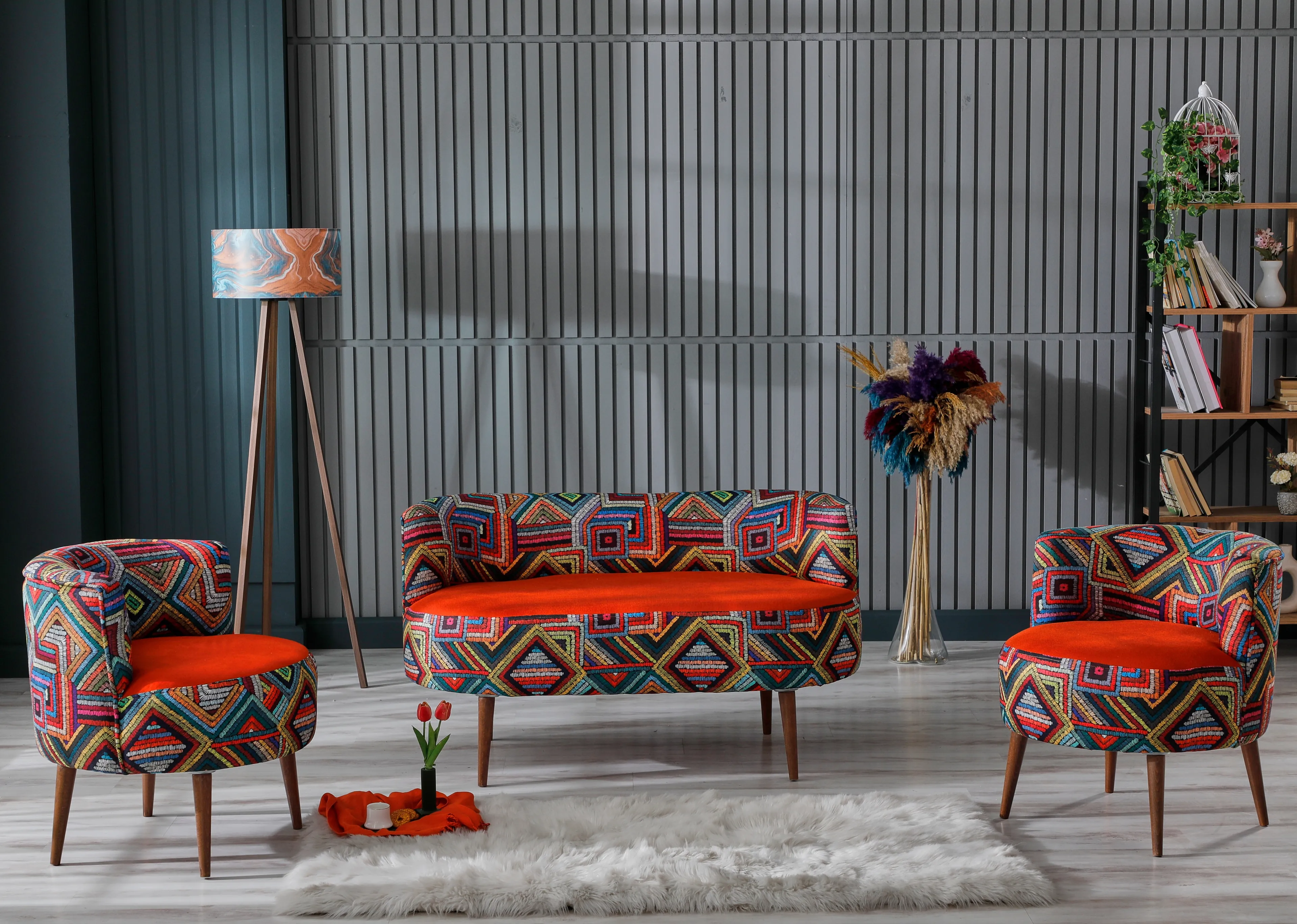 Sydney Modern Çay Seti Koltuk Takımı | Modern | Patchwork Kumaş | Turuncu