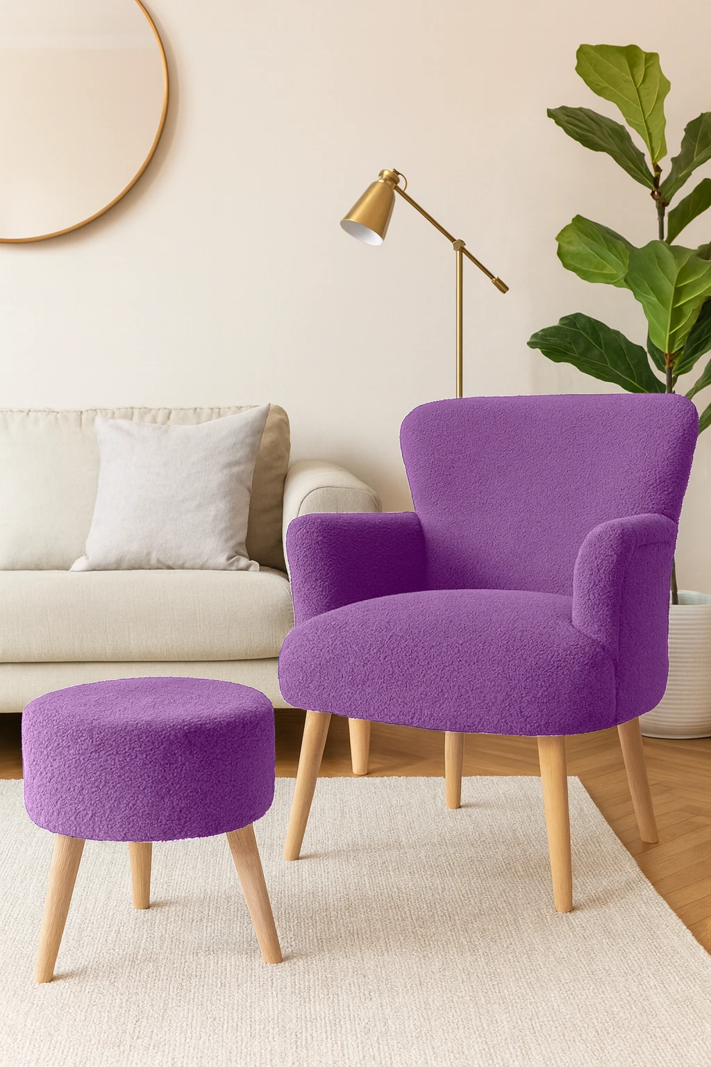 Roma Berjer + Puf Set - Welsoft Yumuşak Kumaş - Ahşap Ayak - Lila