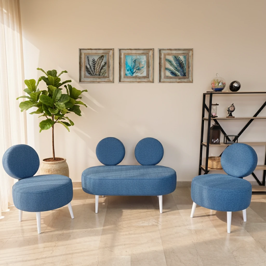 Dünya Model Buklet Kumaş 2+1+1 Koltuk Takımı – Modern Tasarım, Ahşap Ayaklı - Mavi