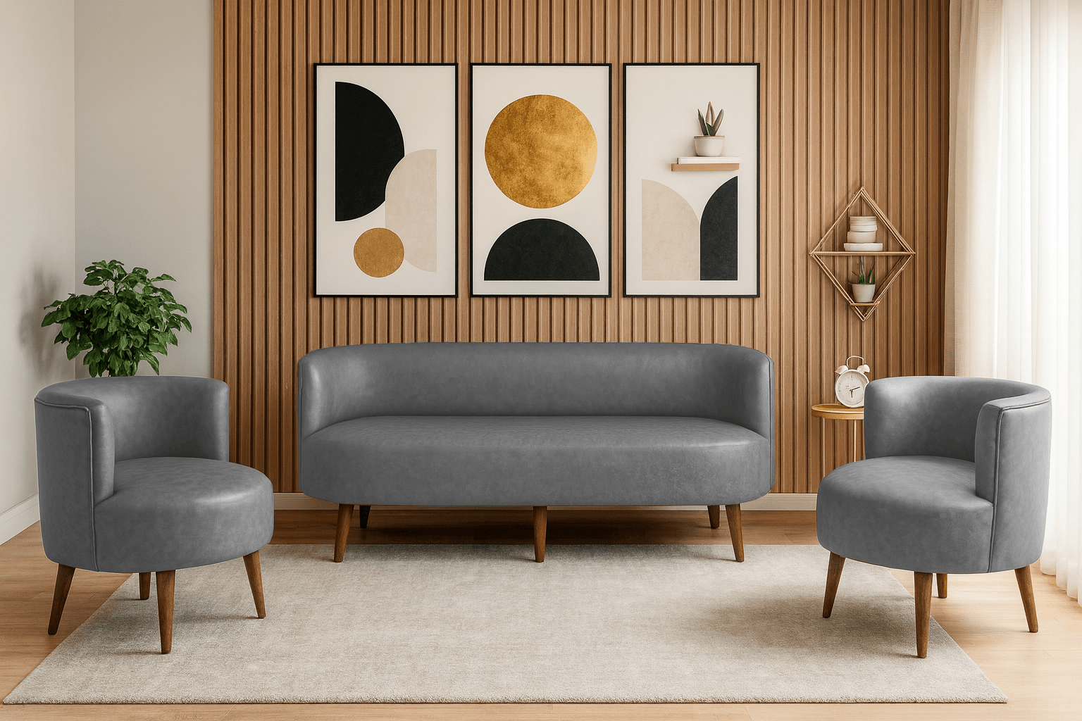 Sydney Modern Koltuk Takımı 3+1+1 | Deri Kumaş | Ahşap Ayak | Ofis ve Ev Kullanımı | Gri