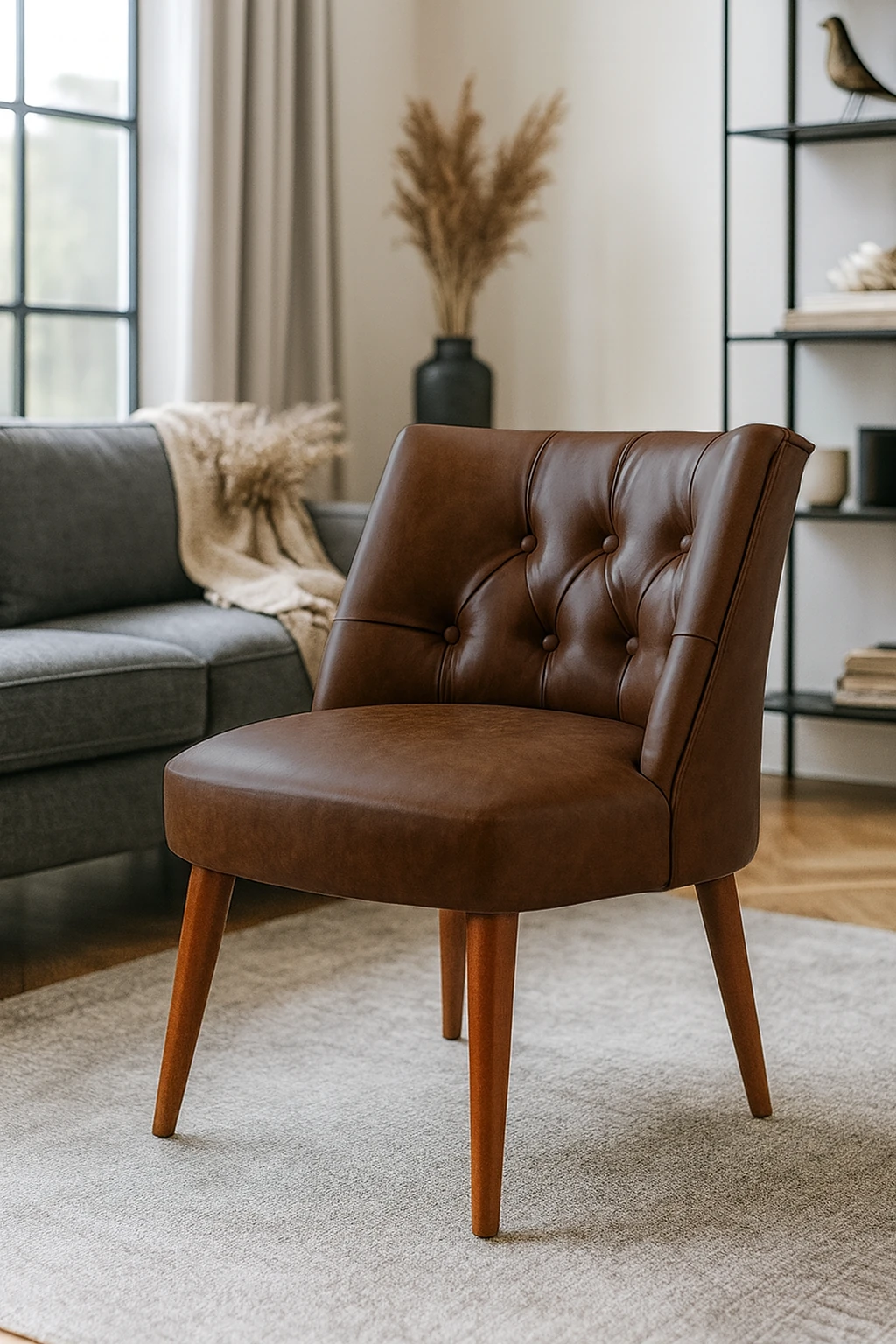 Modern Kolsuz Deri Berjer – Demonte Ahşap Ayaklı, Konforlu Oturma Koltuğu - Acı Kahve