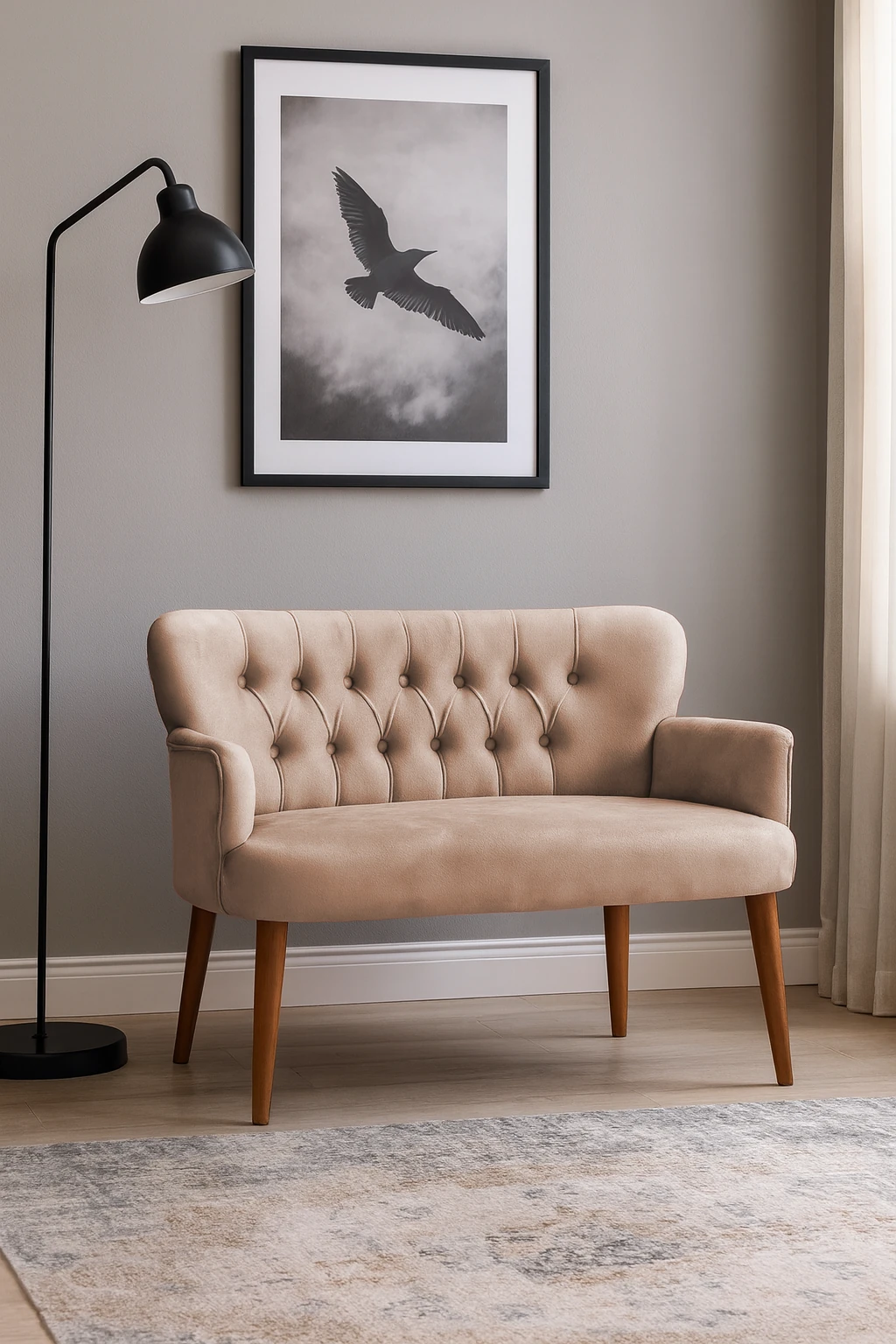 Roma Modern İkili Koltuk - Babyface Kumaş - Ahşap Ayak - Vizon