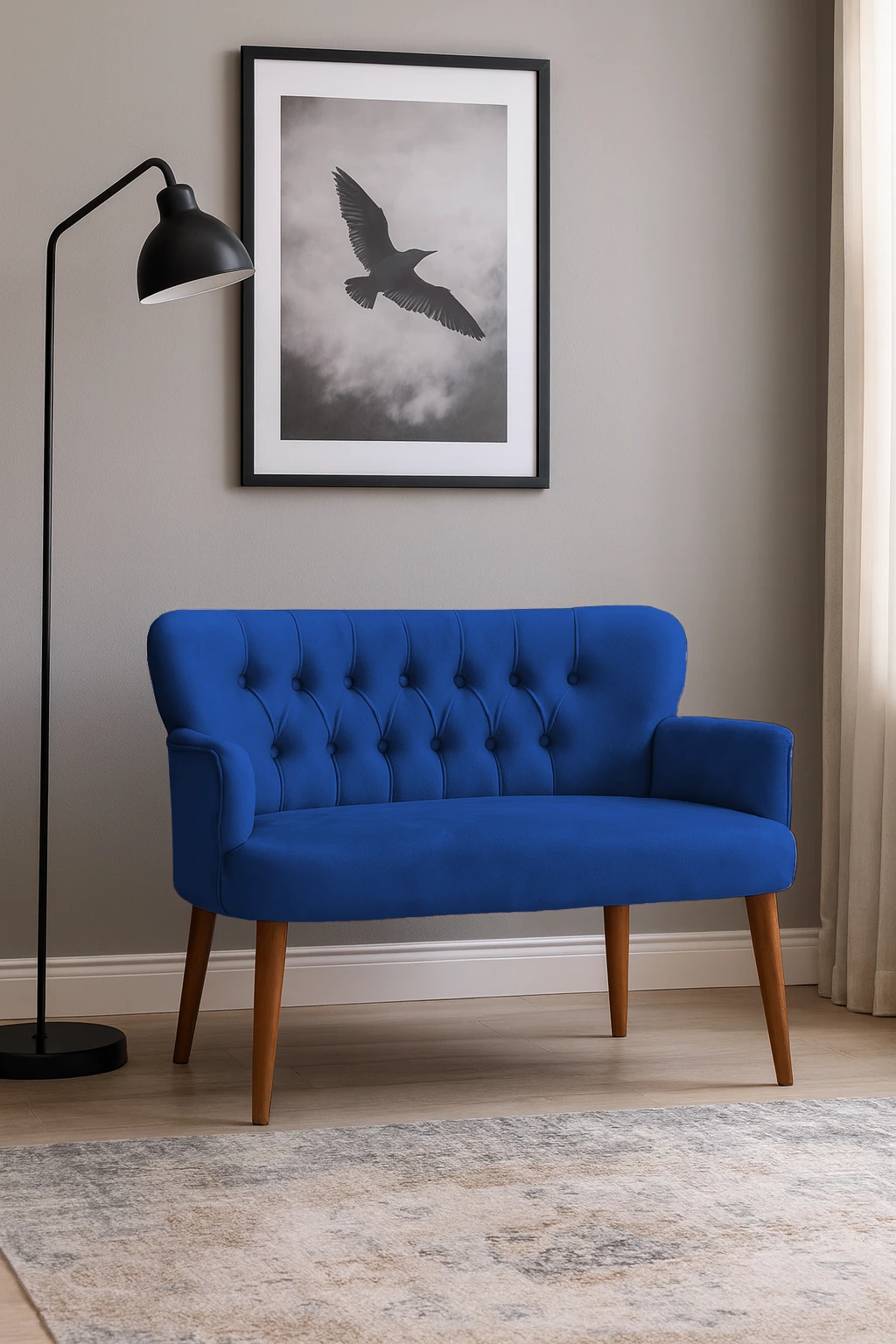 Roma Modern İkili Koltuk - Babyface Kumaş - Ahşap Ayak - Saks Mavi