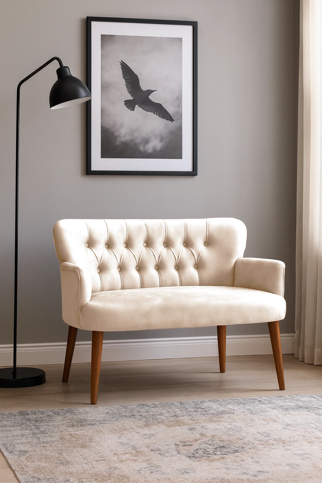 Roma Modern İkili Koltuk - Babyface Kumaş - Ahşap Ayak - Krem