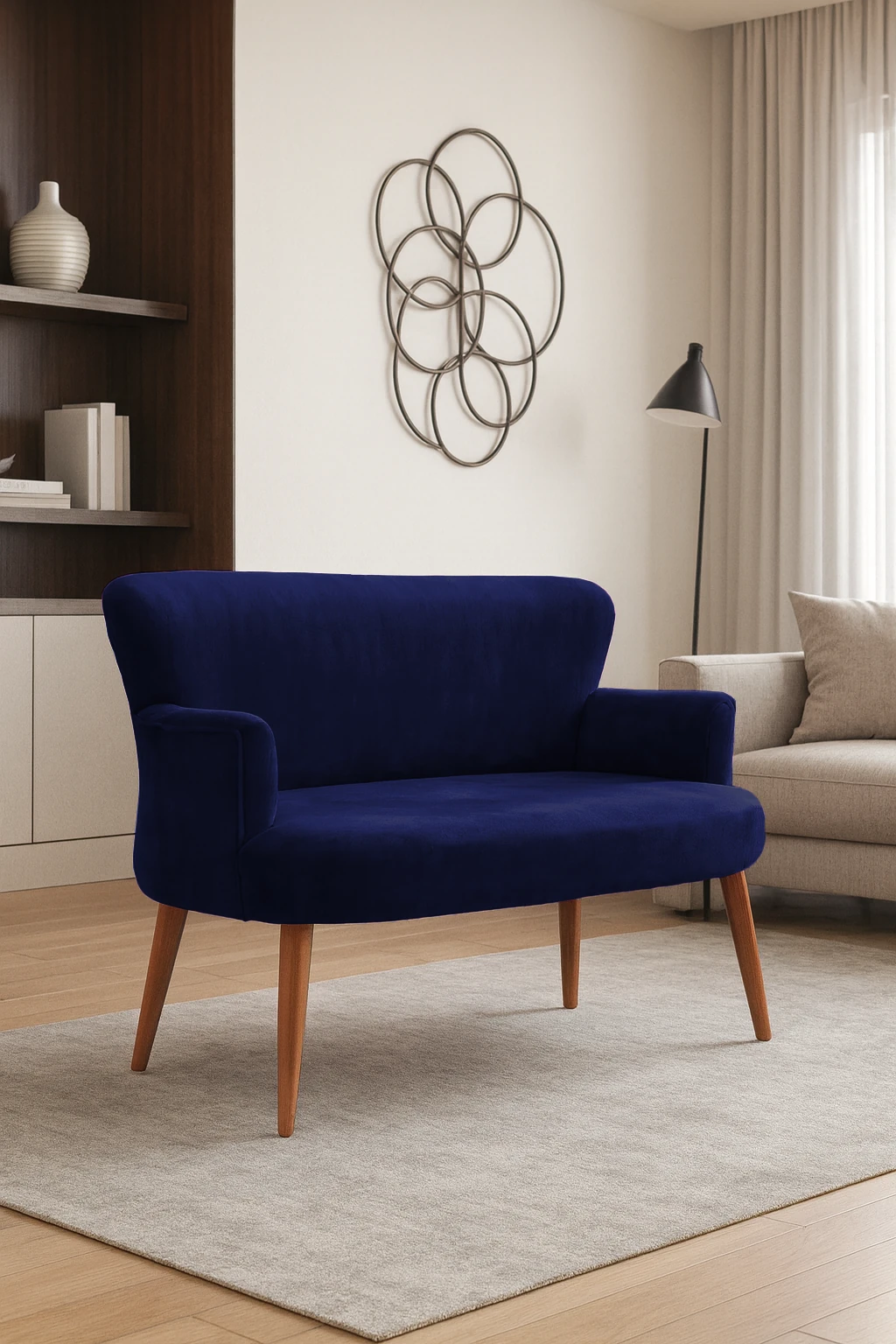 Roma Modern İkili Koltuk - Babyface Kumaş - Ahşap Ayak - Düğmesiz - Lacivert