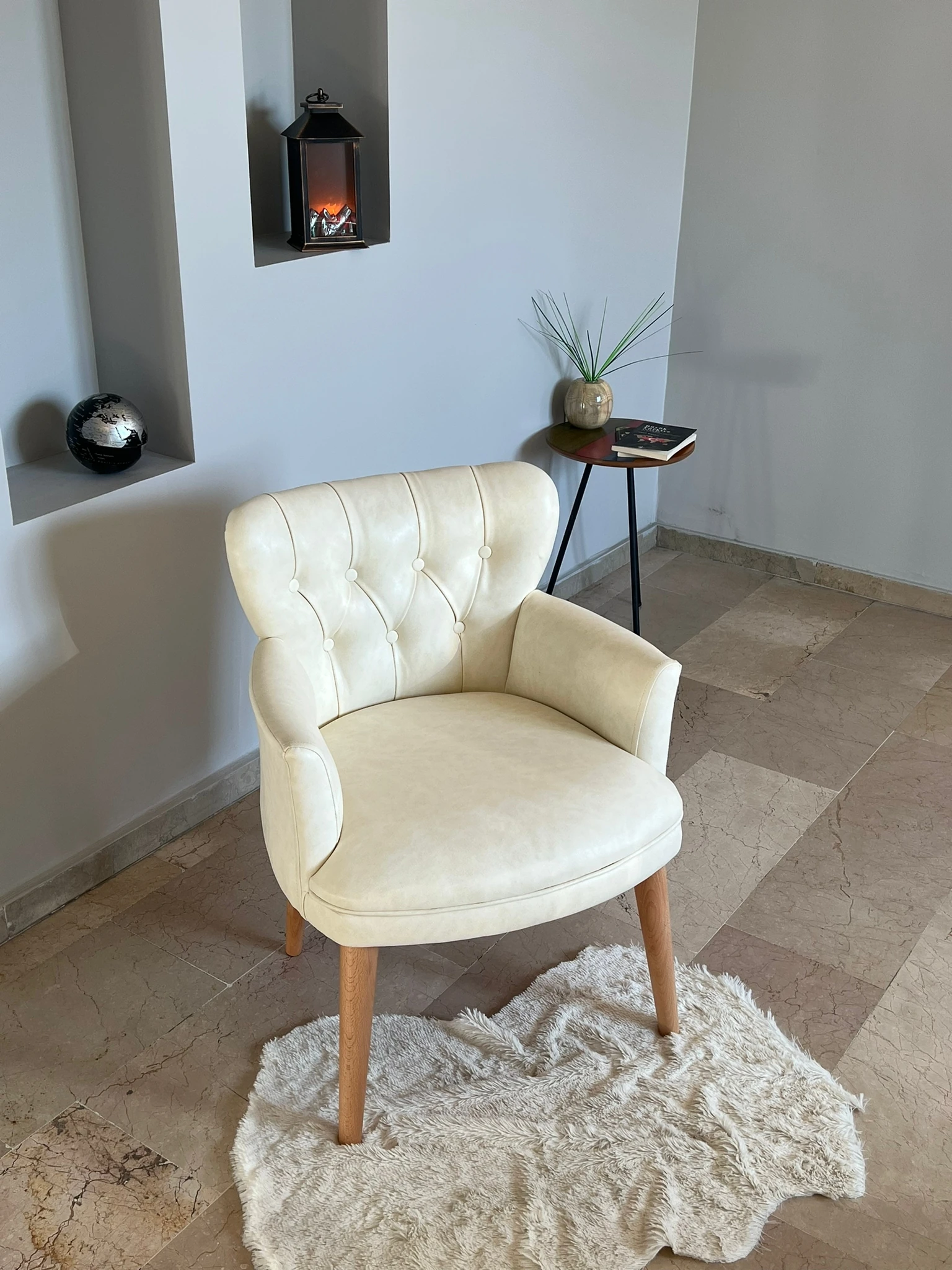 Çay Seti Koltuk Takımı - Deri Kumaş - Modern Chester Tarz - Krem