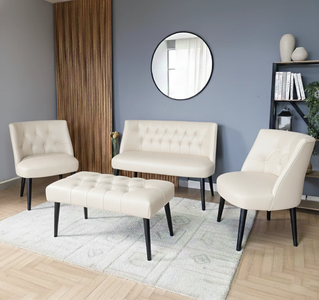 Milano Çay Seti Koltuk Takımı - Ofis Takımı - Deri Kumaş - 2+1+1+Bench - Krem